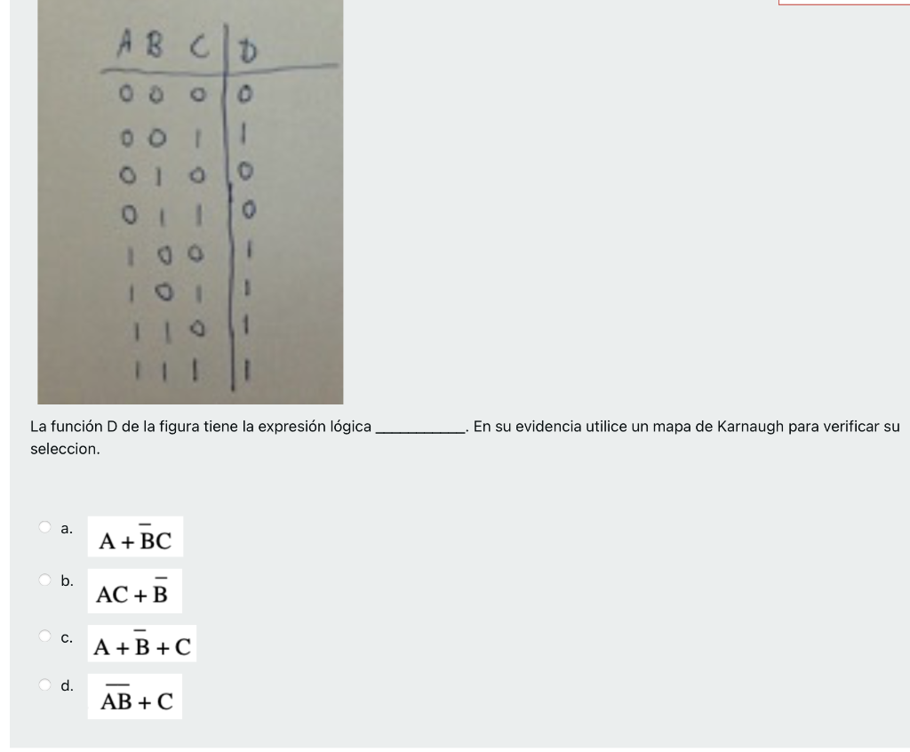 La función D de la figura tiene la expresión lógica . En su evidencia utilice un mapa de Karnaugh para verificar su seleccion