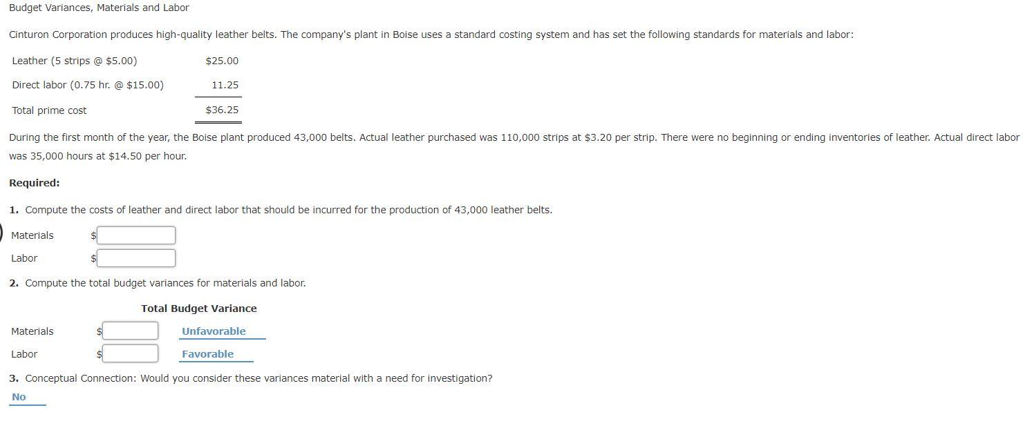 Solved Budget Variances, Materials and Labor Cinturon | Chegg.com