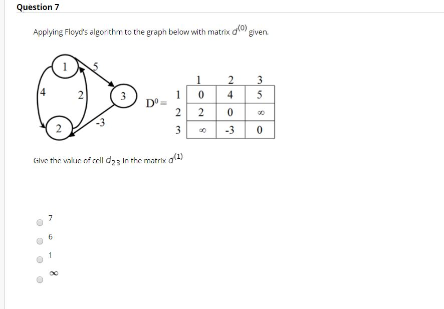 Question 7 Applying Floyds algorithm to the graph below with matrix given. DO 8 No 1 -3 0 Give the value of cell d 23 in the