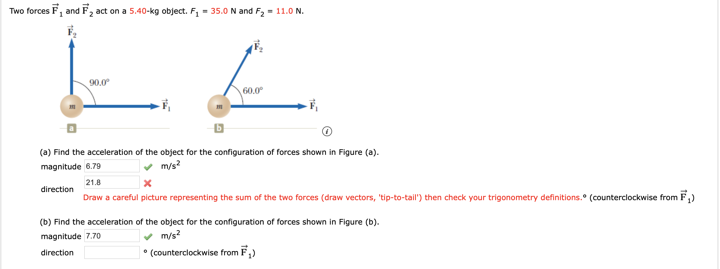 Solved Two Forces F And F2 Act On A 5 40 Kg Object F1