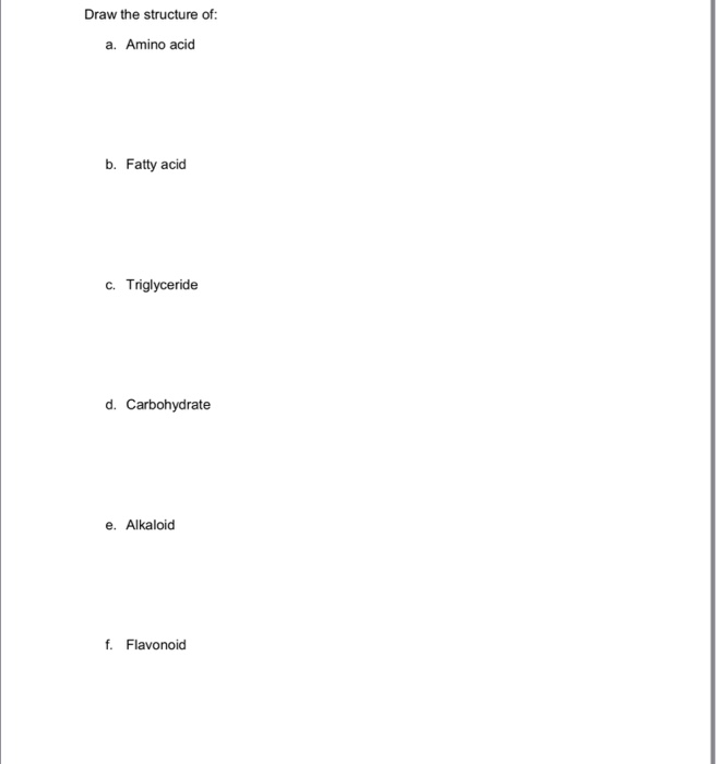 Solved Draw the structure of: a. Amino acid b. Fatty acid c. | Chegg.com