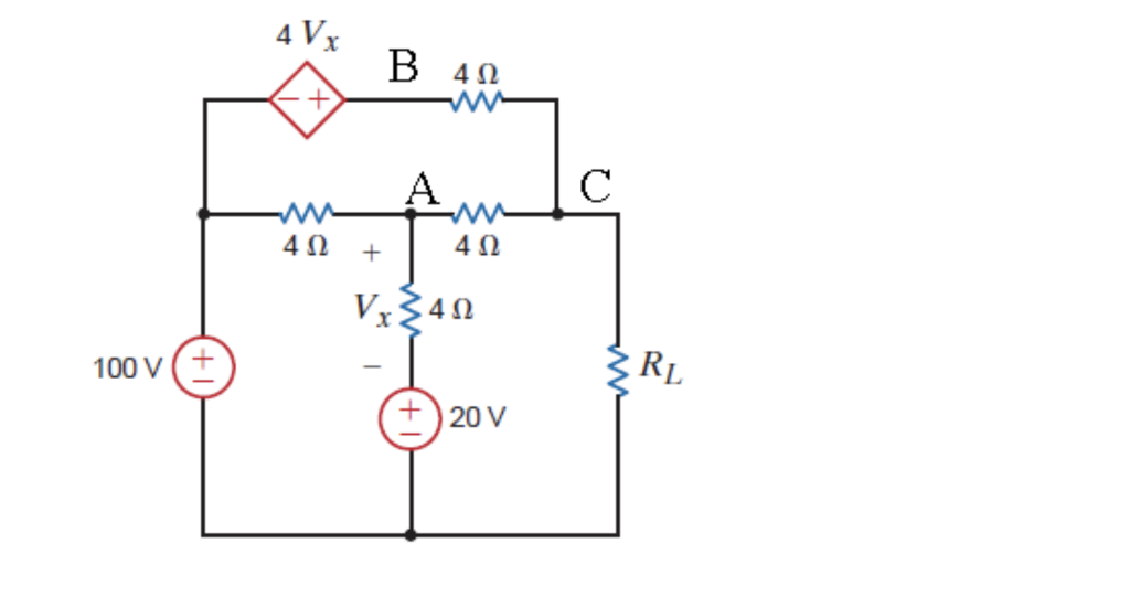 Solved 4 Vx Β 4 Ω A C 4 Ω + 4 Ω Vξ4Ω 100ν (+ RL +20V For | Chegg.com