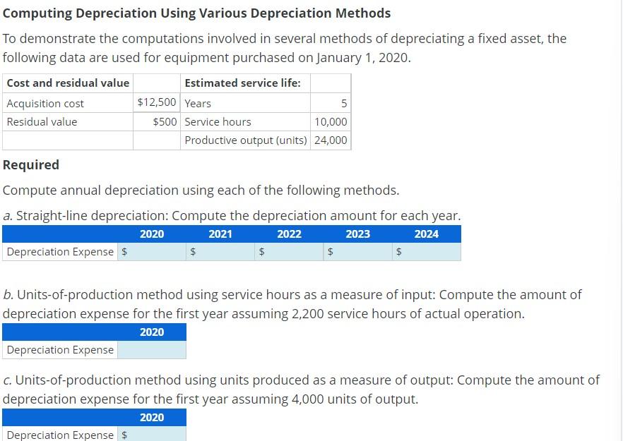 Solved Computing Depreciation Using Various Depreciation | Chegg.com