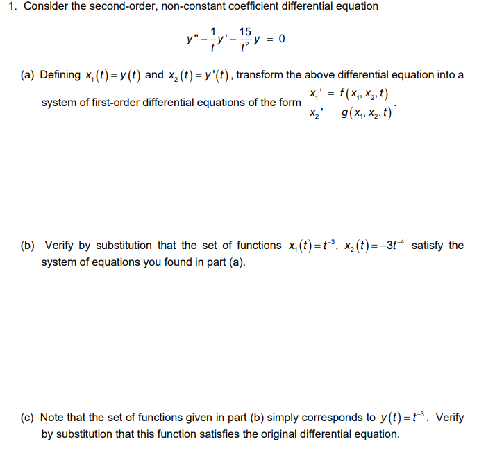 Solved Y′′−t1y′−t215y 0 A Defining X1 T Y T And