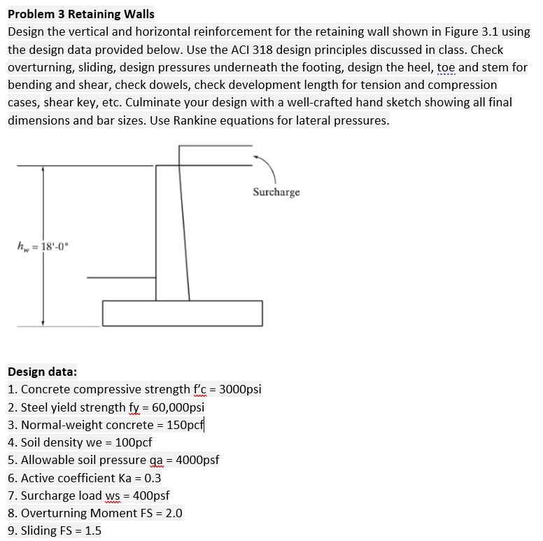 Problem 3 Retaining Walls Design the vertical and | Chegg.com