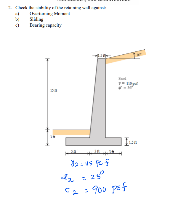 2. Check the stability of the retaining wall against