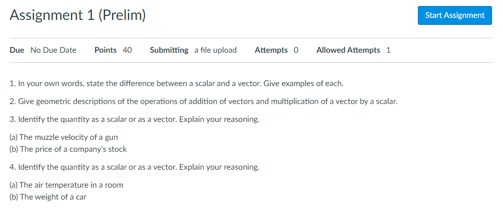 Solved Assignment 1 (Prelim) Start Assignment Due No Due | Chegg.com
