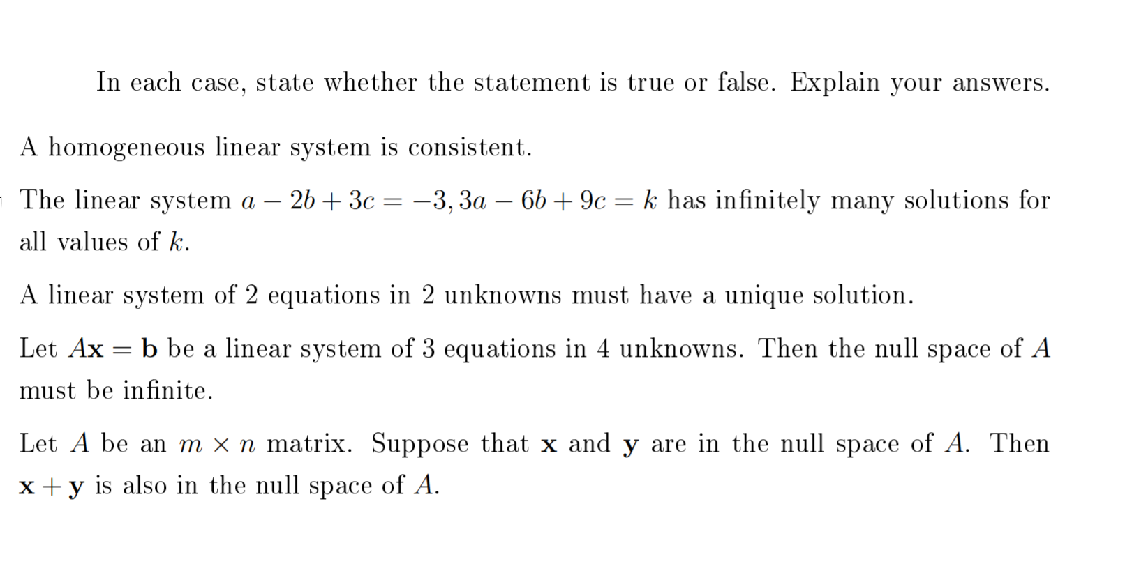 Solved In each case, state whether the statement is true or | Chegg.com