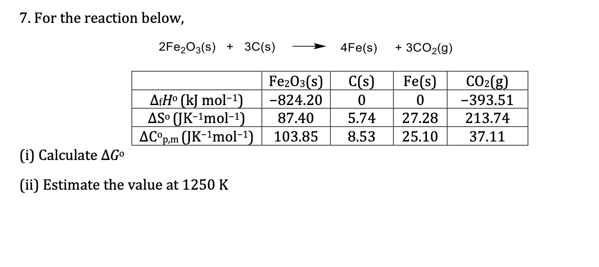 7. For the reaction below, 2Fe2O3(s) + 3C(s) 4Fe(s) + 3C02(g) AfHº (kJ mol-1) AS• (JK-1mol-1) AC°p,m (JK-1mol-1) Fe2O3(s) -82