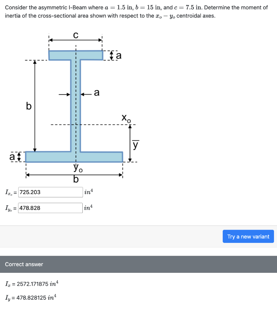 Consider the asymmetric I-Beam where \( a=1.5 \) in, \( b=15 \mathrm{in} \), and \( c=7.5 \mathrm{in} \). Determine the momen