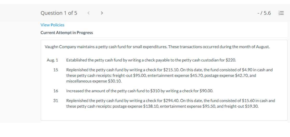 Solved Question 1 Of 5 -/5.6 View Policies Current Attempt | Chegg.com