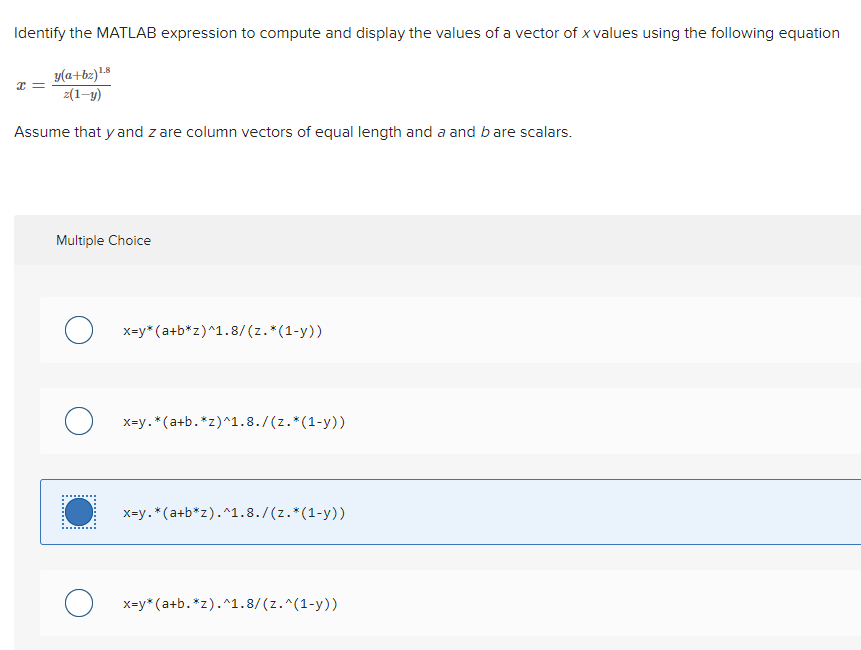 Solved Identify the MATLAB expression to compute and display | Chegg.com