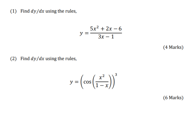 Solved 1 Find Dy Dx Using The Rules Y 5x2 2x 6 3x Chegg Com