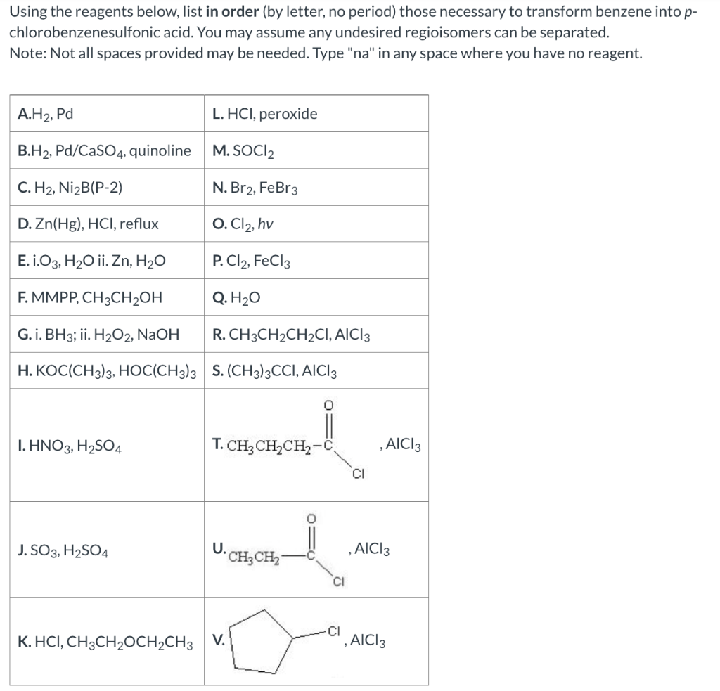 Solved Using the reagents below, list in order (by letter, | Chegg.com