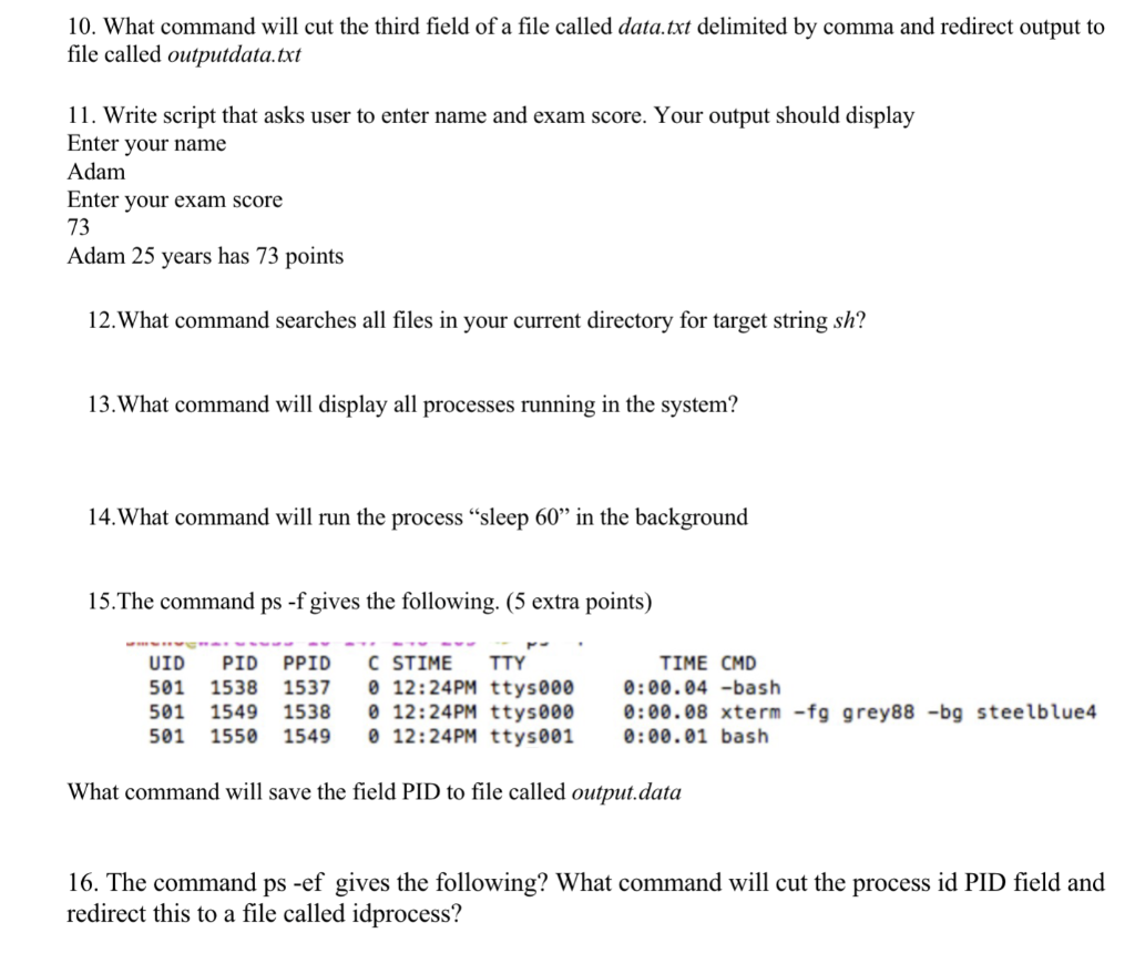 Solved 10. What command will cut the third field of a file | Chegg.com