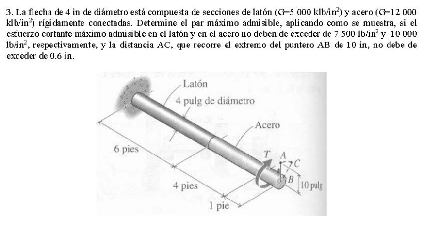 3. La flecha de 4 in de diámetro está compuesta de secciones de latón \( \left(\mathrm{G}=5000 \mathrm{klb} / \mathrm{in}^{2}