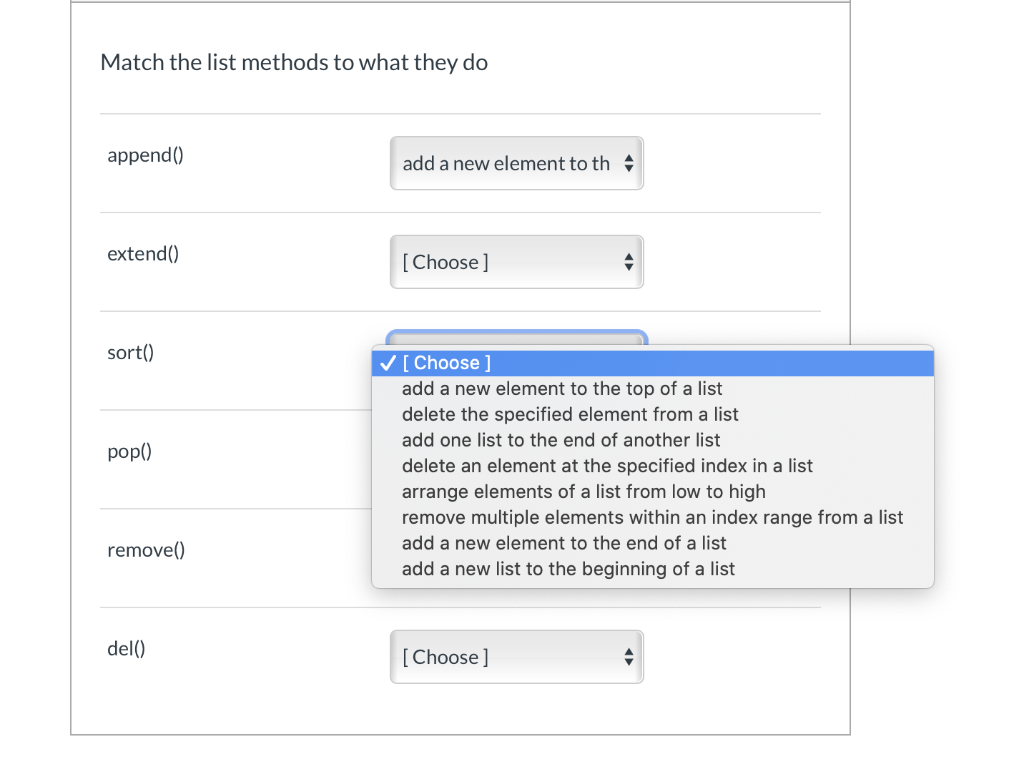 Solved Match the list methods to what they do append) add a | Chegg.com