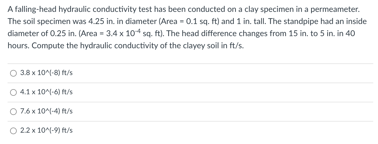 Solved A falling-head hydraulic conductivity test has been | Chegg.com
