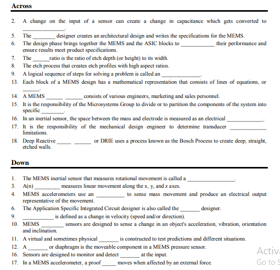 Solved Activity MEMS Sensors Design Crossword Puzzle