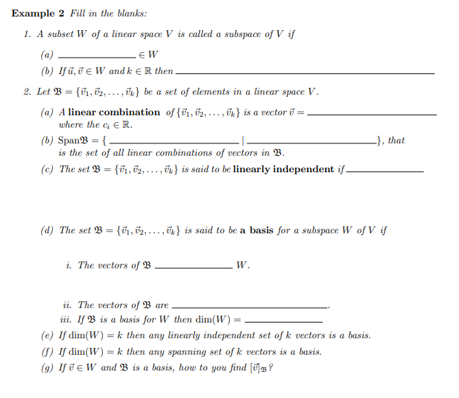 Solved Example 2 Fill In The Blanks 1 A Subset W Of A L Chegg Com