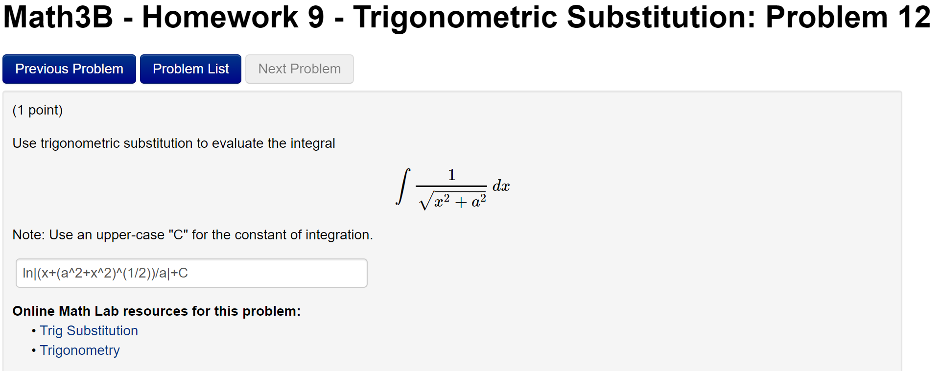 Solved Math3B - Homework 9 - Trigonometric Substitution: | Chegg.com