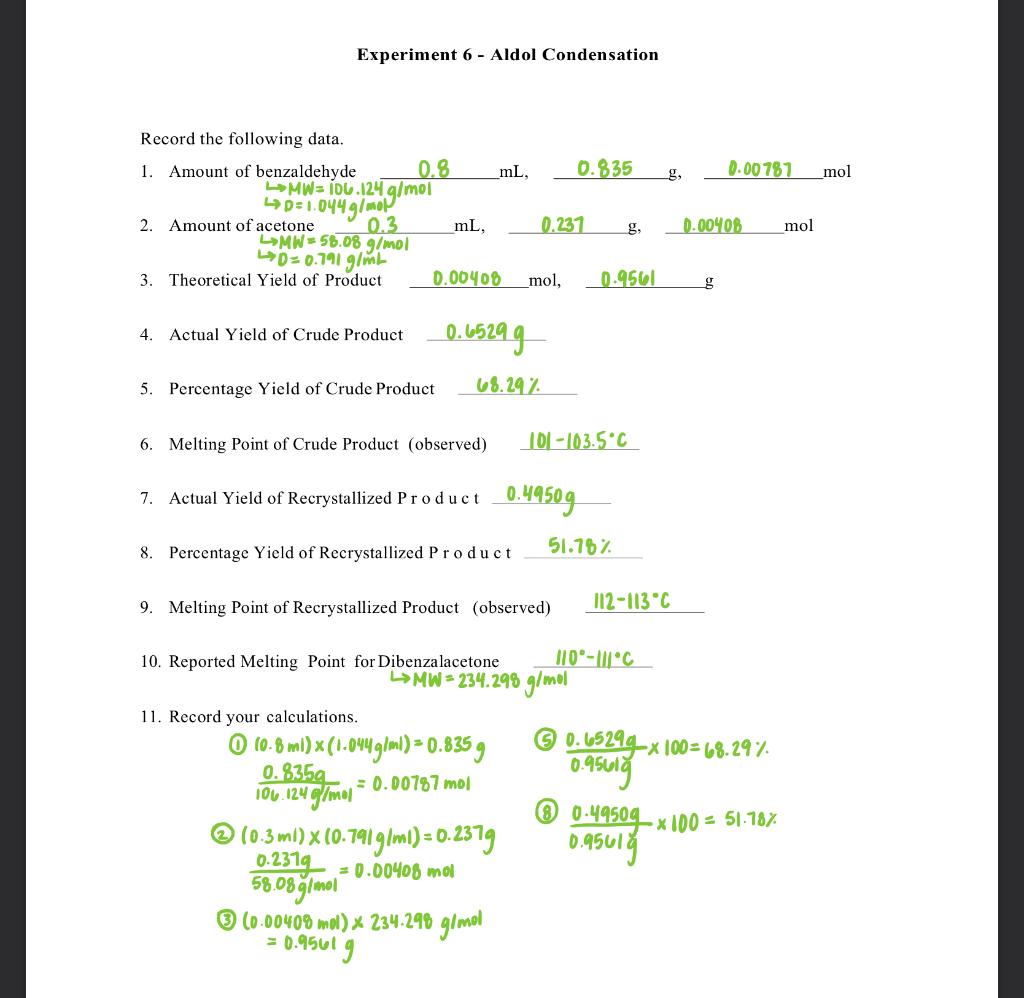 Experiment 6 - Aldol Condensation Record the | Chegg.com