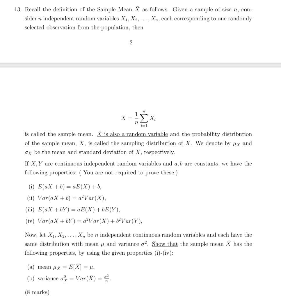 Solved 13 Recall The Definition Of The Sample Mean X As Chegg Com