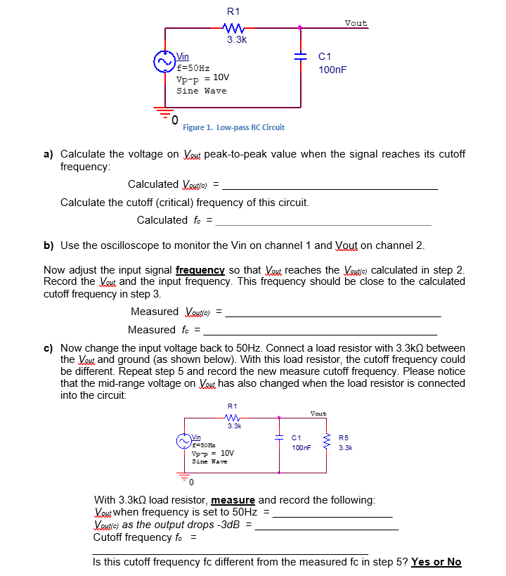 Solved R1 Vout 3.3k Vin HE C1 100nF f=50Hz Vp-p = 10V Sine | Chegg.com