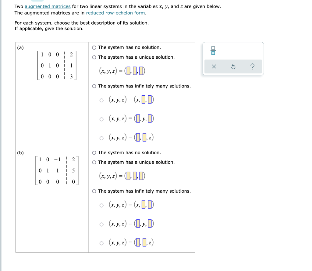 Solved Two augmented matrices for two linear systems in the | Chegg.com