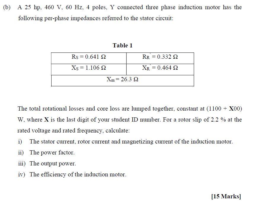 Solved (b) A 25 hp, 460 V, 60 Hz, 4 poles, Y connected three | Chegg.com