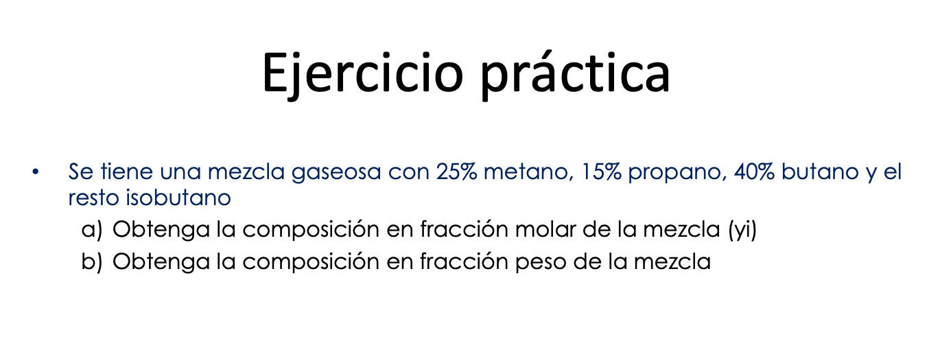 Ejercicio práctica - \( \quad \) Se tiene una mezcla gaseosa con \( 25 \% \) metano, \( 15 \% \) propano, \( 40 \% \) butano