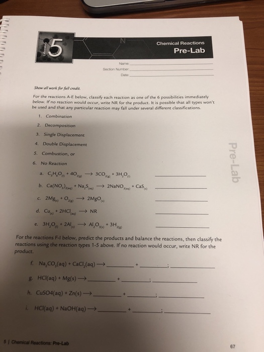 Solved 15 Chemical Reactions PreLab Section Number Show afl