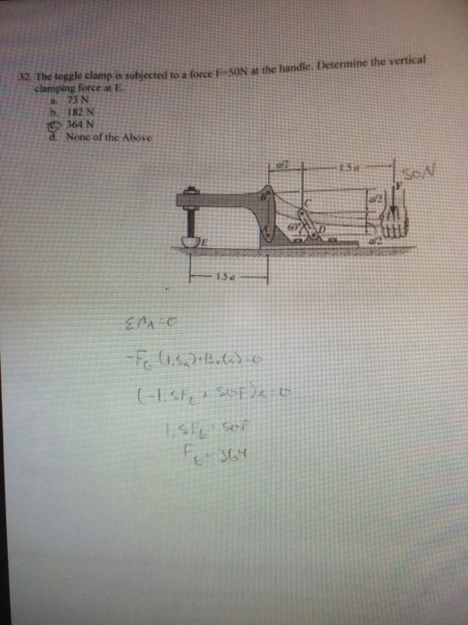 Solved The toggle clamp is subjected to a force F 50N at