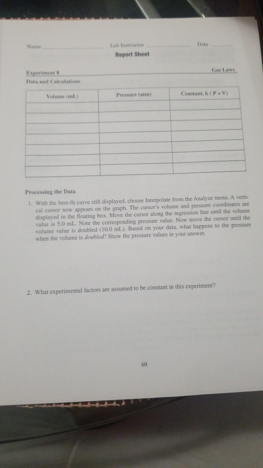 Name Lab Instructor Report Sheet Gas Laws Experiments