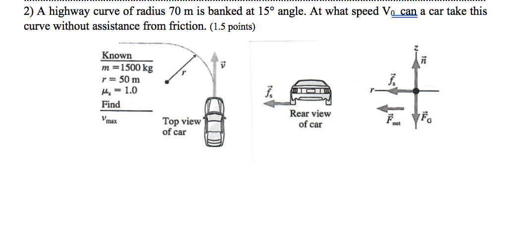 Solved 2) A highway curve of radius 70 m is banked at 15° | Chegg.com