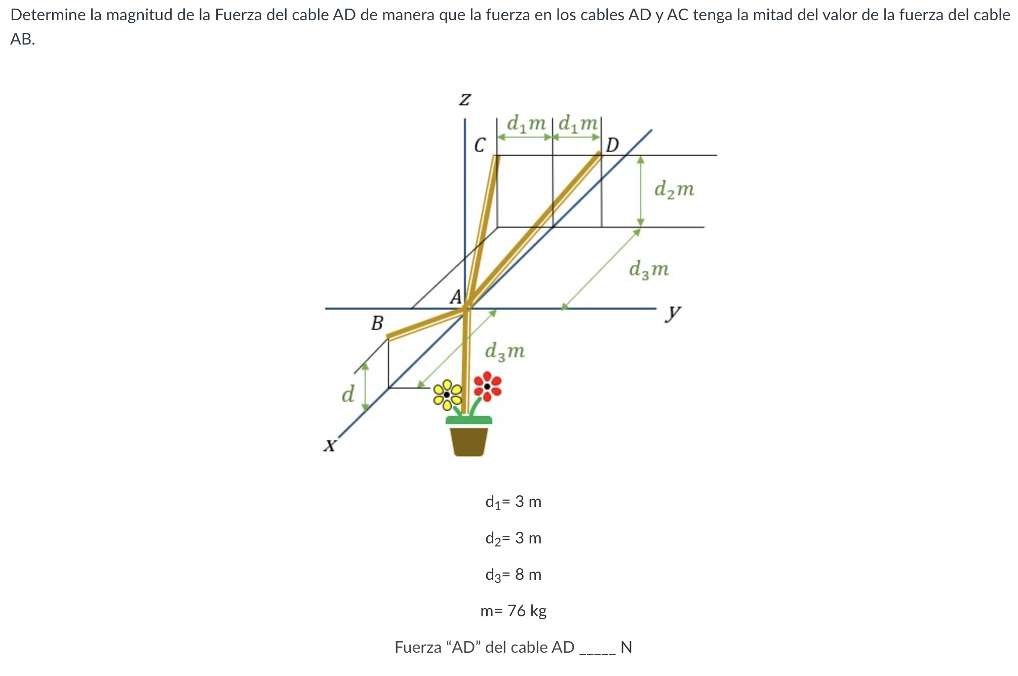 Determine la magnitud de la Fuerza del cable AD de manera que la fuerza en los cables AD y AC tenga la mitad del valor de la