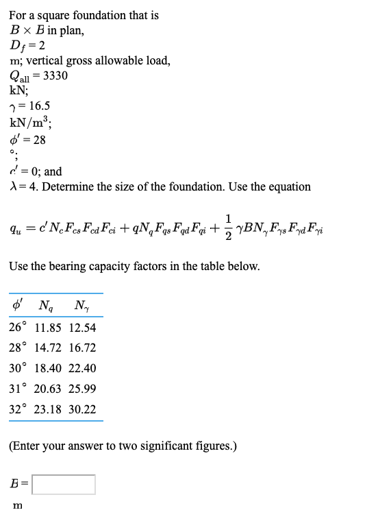 Solved For A Square Foundation That Is B X B In Plan, D;= 2 | Chegg.com