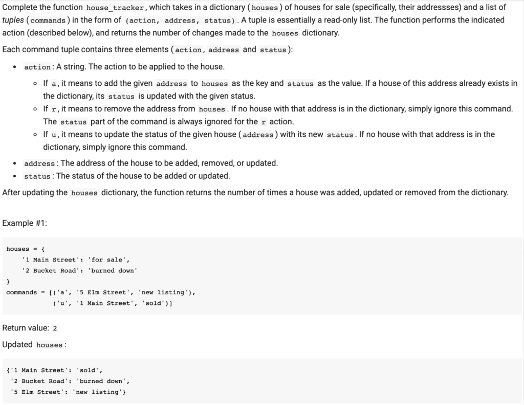 Solved . Complete the function house_tracker, which takes in | Chegg.com