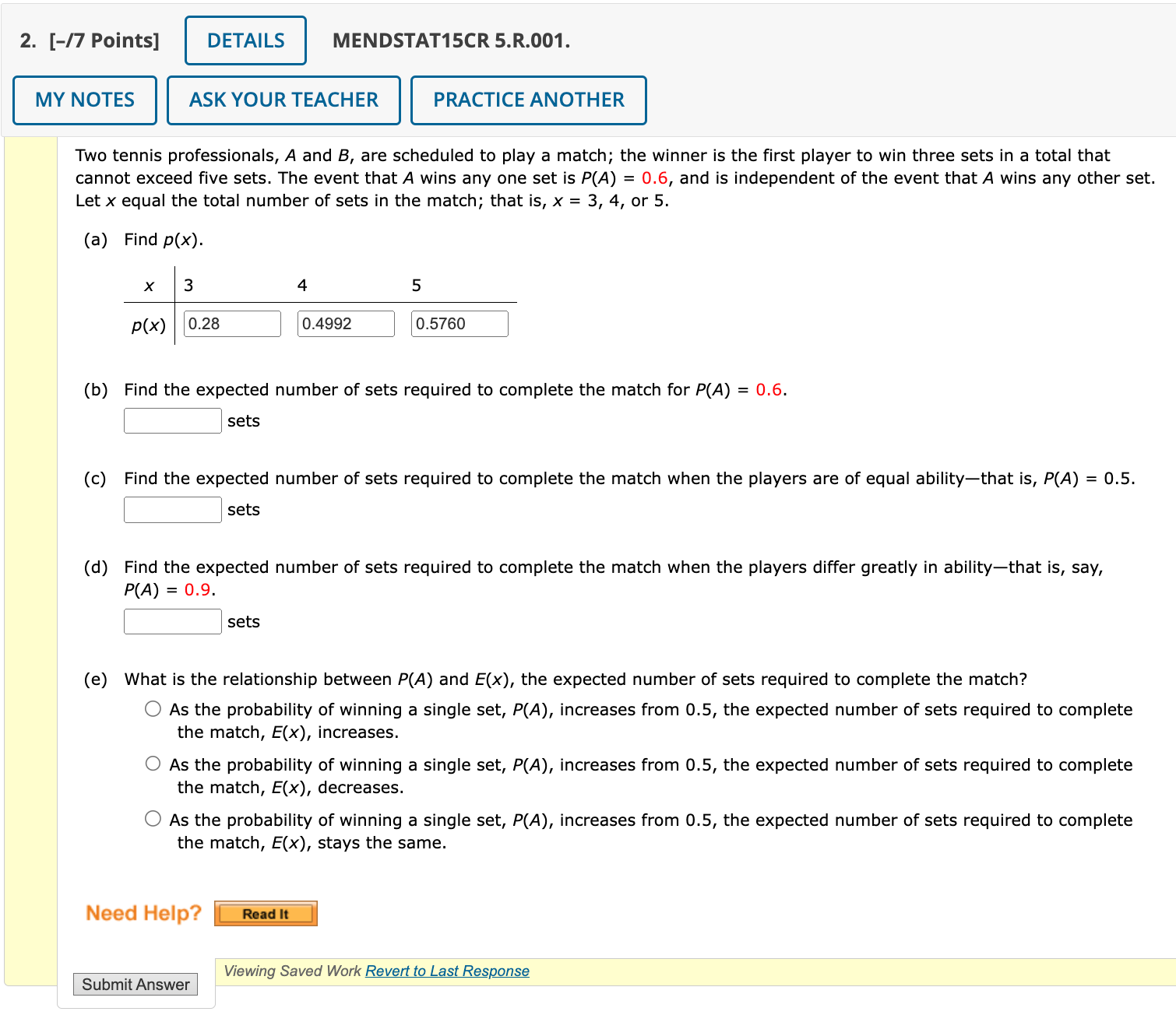 Solved Question 2 5 pts The probability that a tennis set