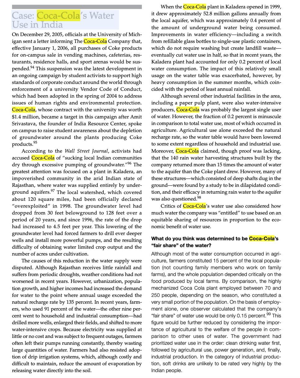 Solved Case: Coca-Cola's Water Use in India 94 On December | Chegg.com