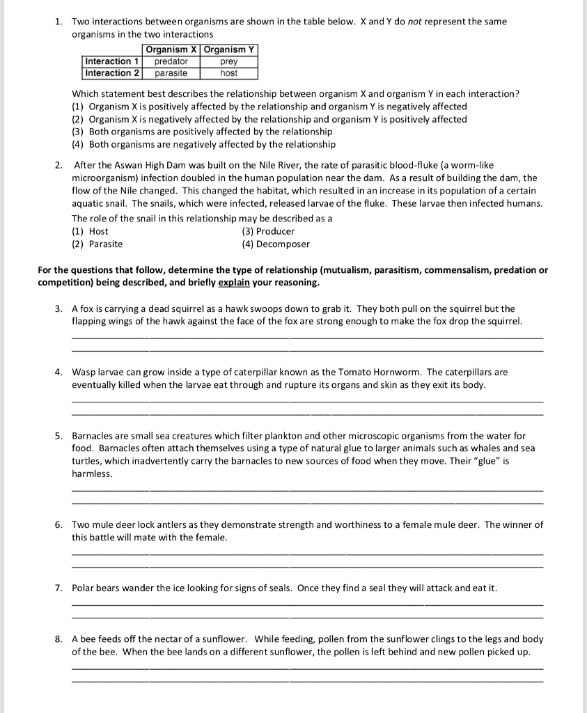 Symbiosis Worksheet Answer Key