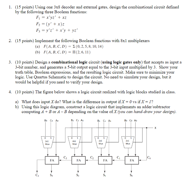 Solved 1. (15 points) Using one 3x8 decoder and external | Chegg.com