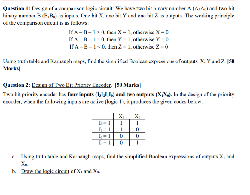 Solved Question 1: Design Of A Comparison Logic Circuit: We | Chegg.com