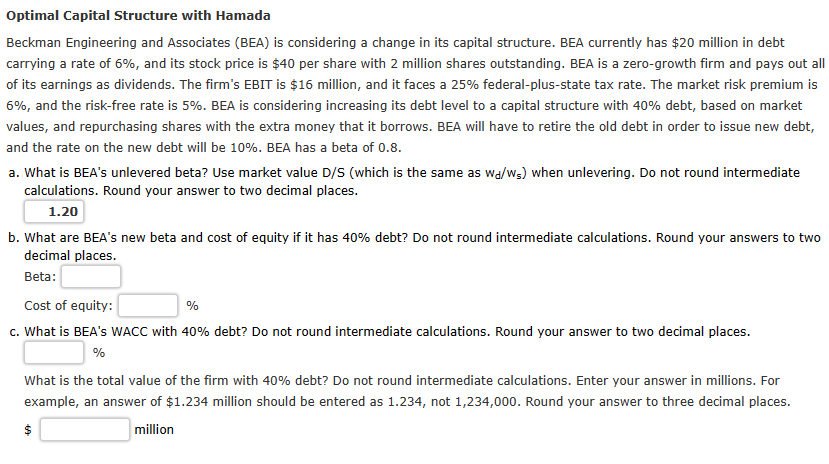 Solved Optimal Capital Structure with Hamada Beckman | Chegg.com