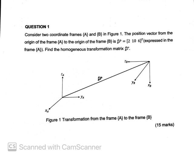 Solved QUESTION 1 Consider two coordinate frames (A) and {B} | Chegg.com