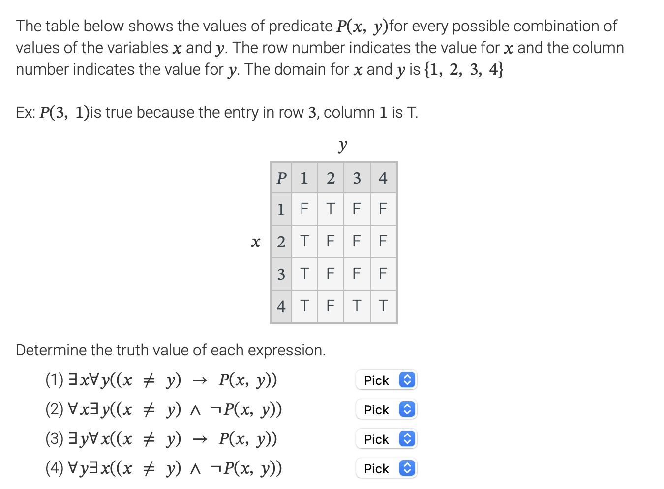 Solved The table below shows the values of predicate P(x,y) | Chegg.com