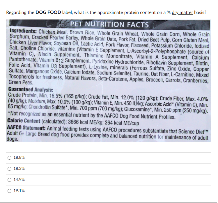 Solved Regarding the DOG FOOD label what is the approximate