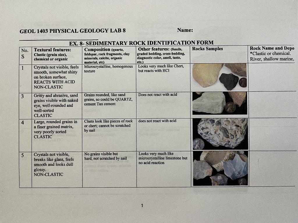 Solved GEOL 1403 PHYSICAL GEOLOGY LAB 8 Name No. S Rock