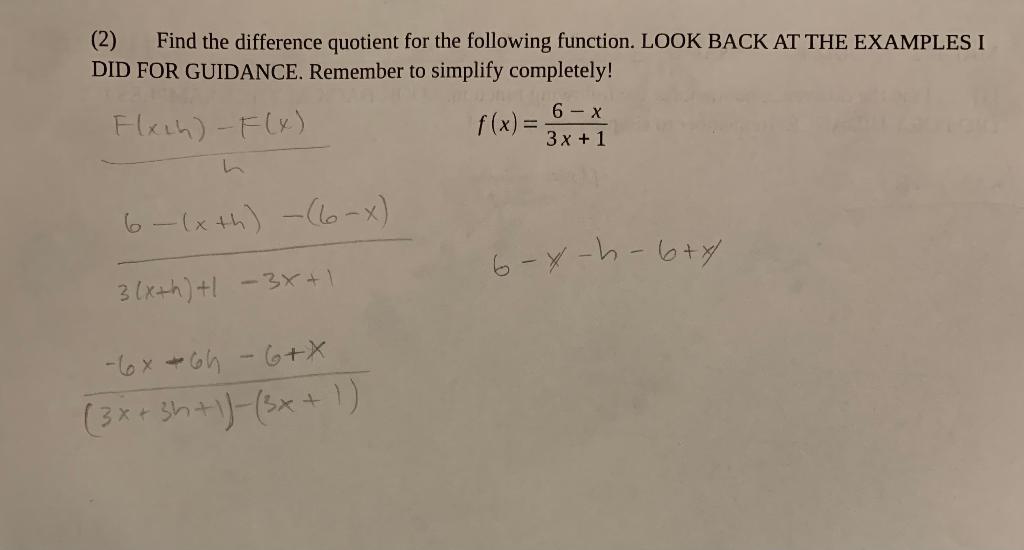 Solved (2) Find the difference quotient for the following | Chegg.com