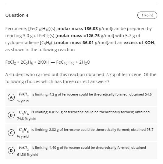 Solved Question 4 1 Point Ferrocene Fec10h105 Molar 8607